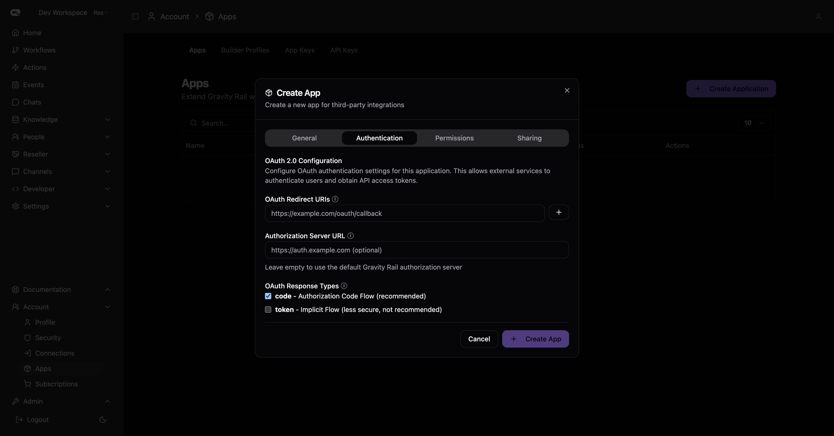 Create App - Authentication Tab
