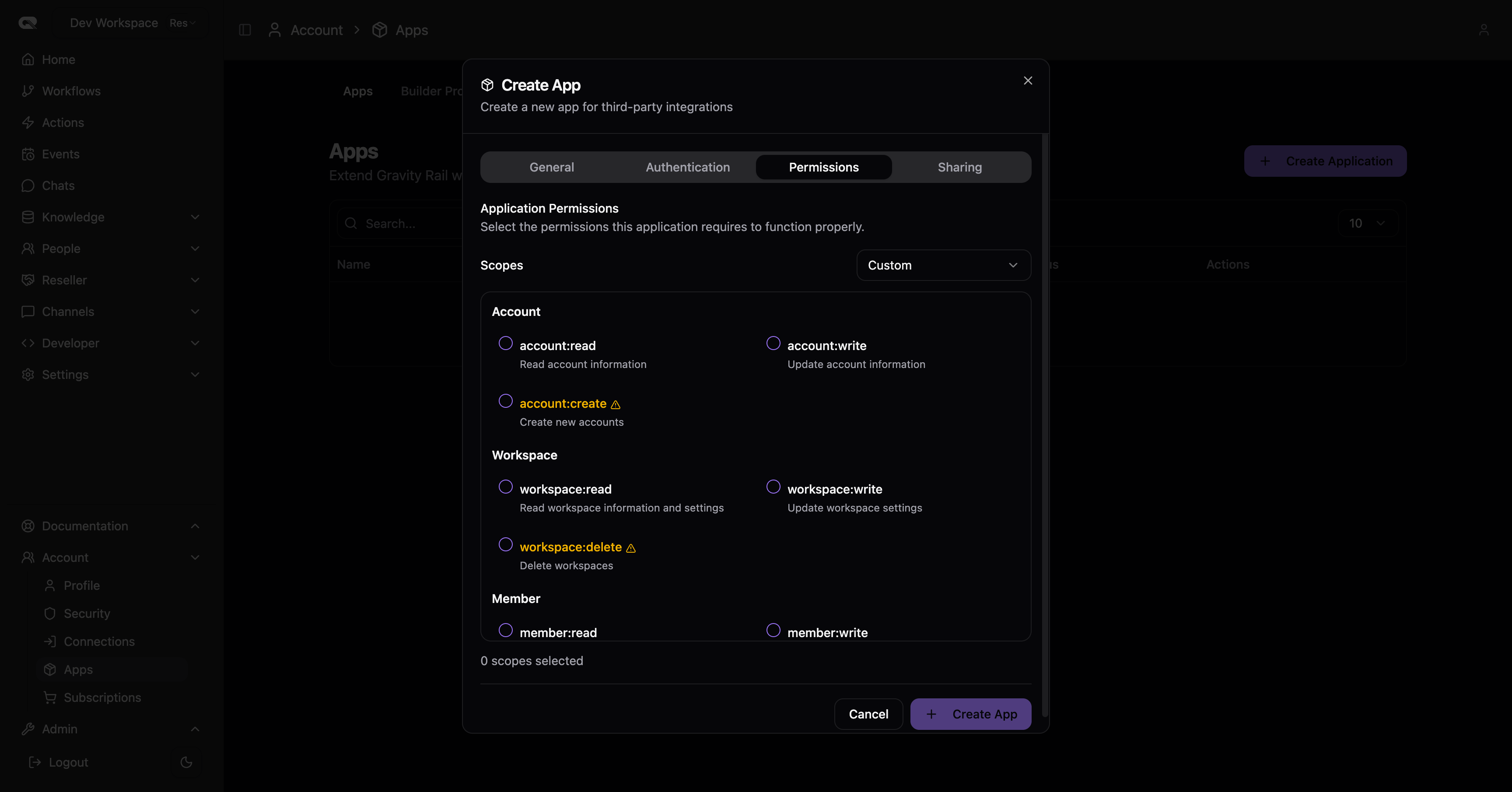Create App - Permissions Tab
