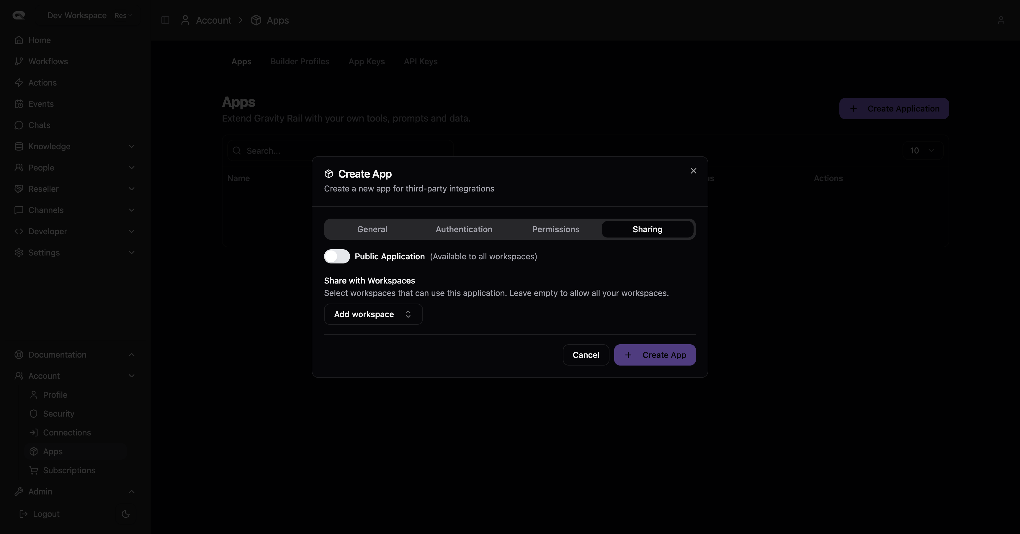Create App - Sharing Tab