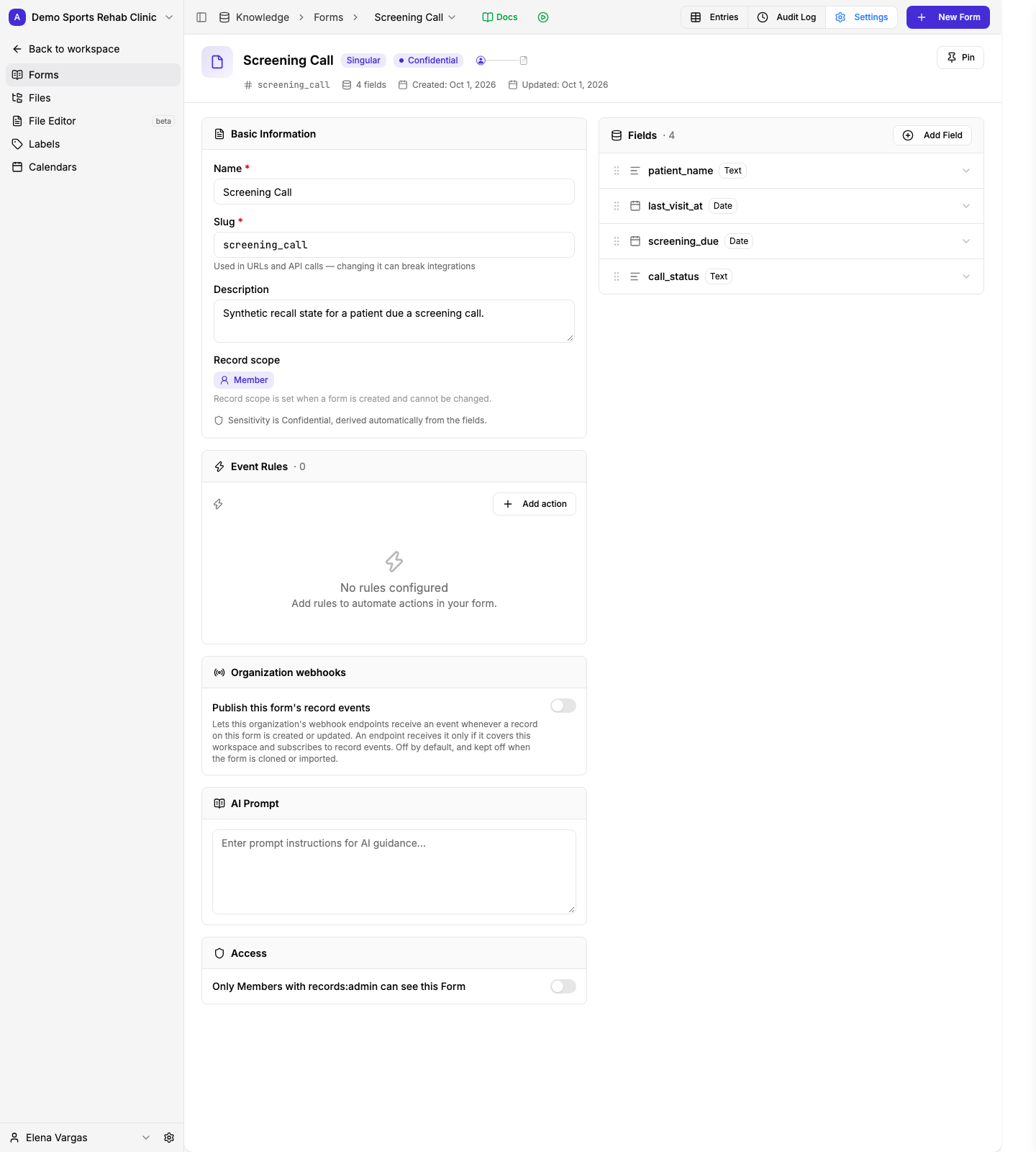 Form Settings in a synthetic Workspace, with fields and Admin only access.