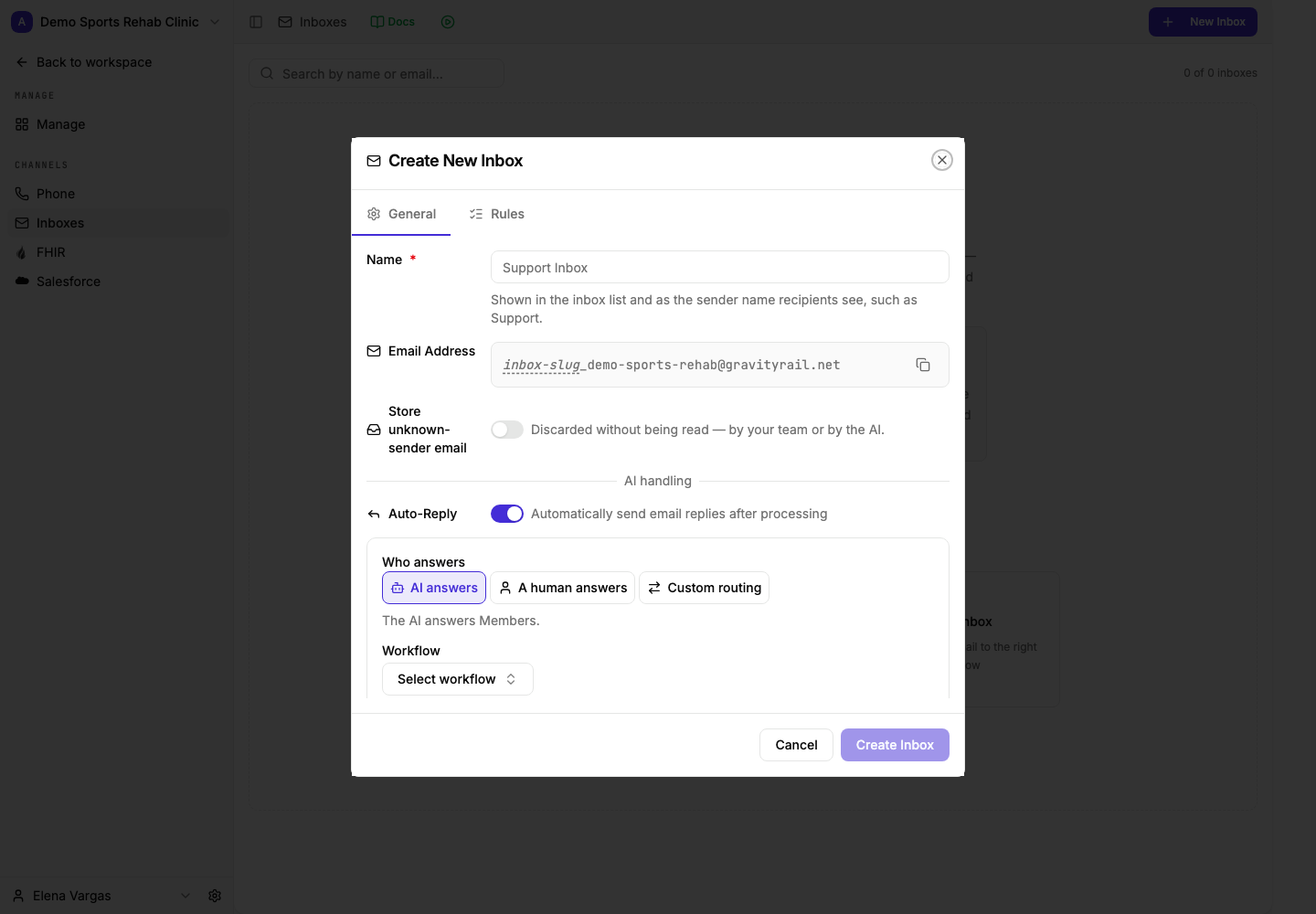 New Inbox dialog in a synthetic Workspace, showing the email address and unknown-sender setting.