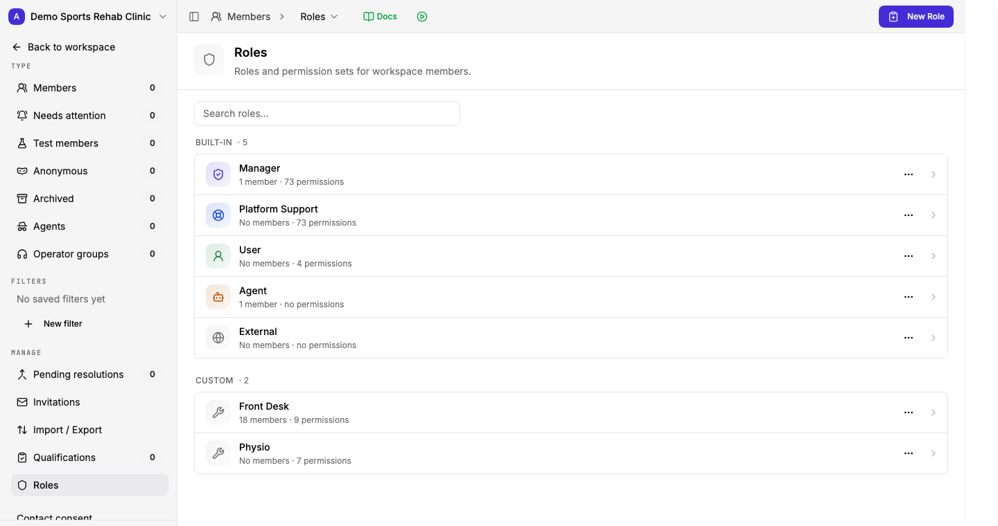 Member roles in a synthetic workspace, showing built-in and custom roles.